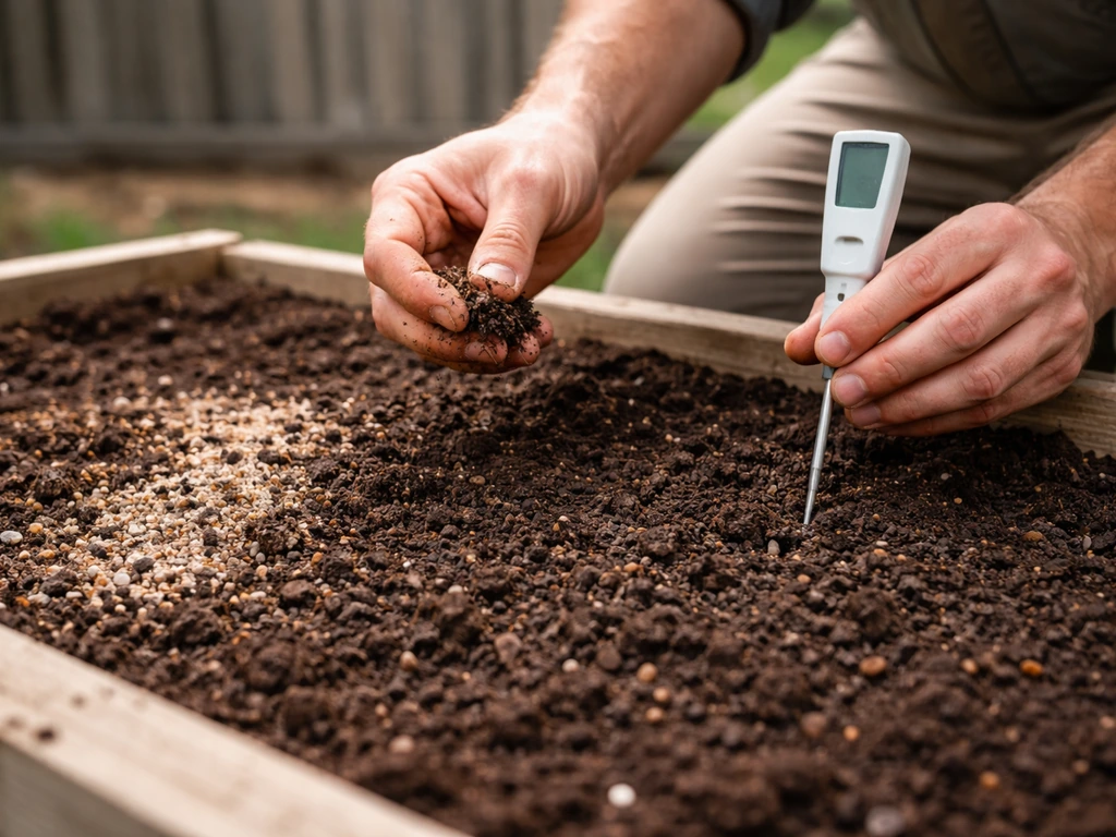 Hand holding a soil sample above a raised bed while checking texture and drainage for ranunculus