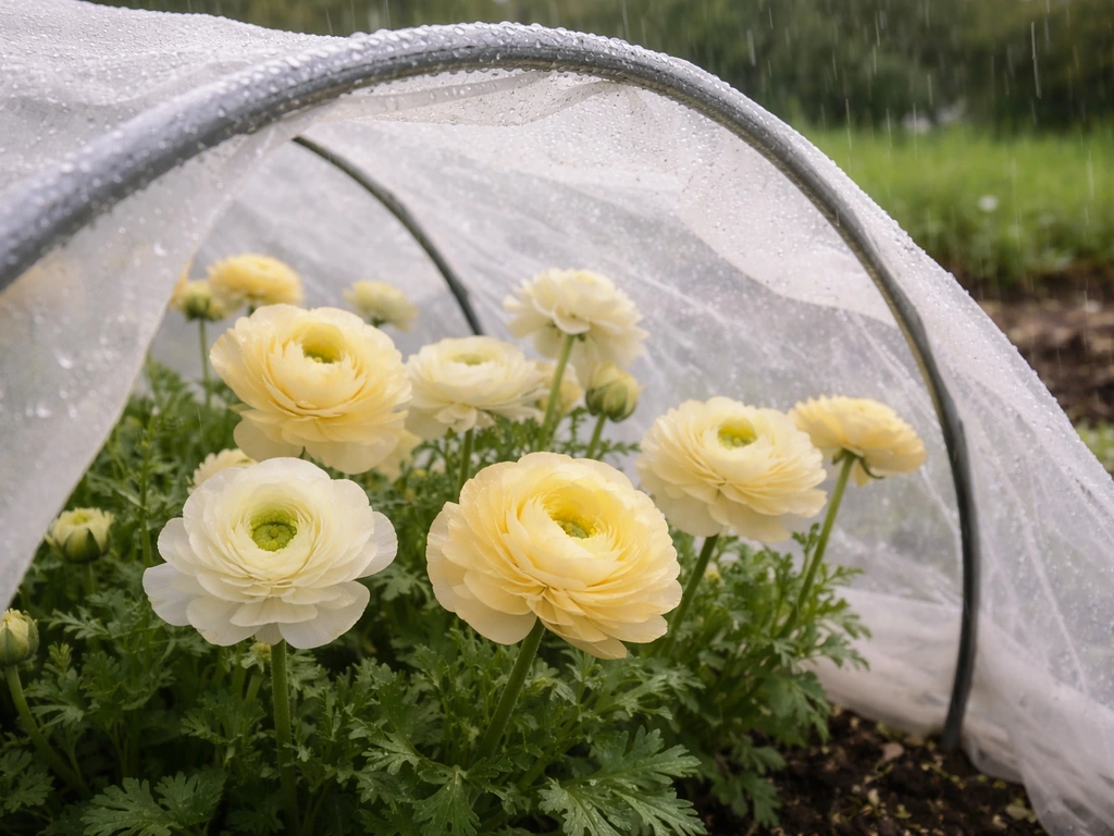 Open ranunculus blossoms under a loosely draped portable cover as spring rain falls.