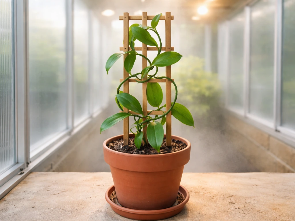 A climbing vanilla orchid in a container with trellis under warm greenhouse light and misty humidity.