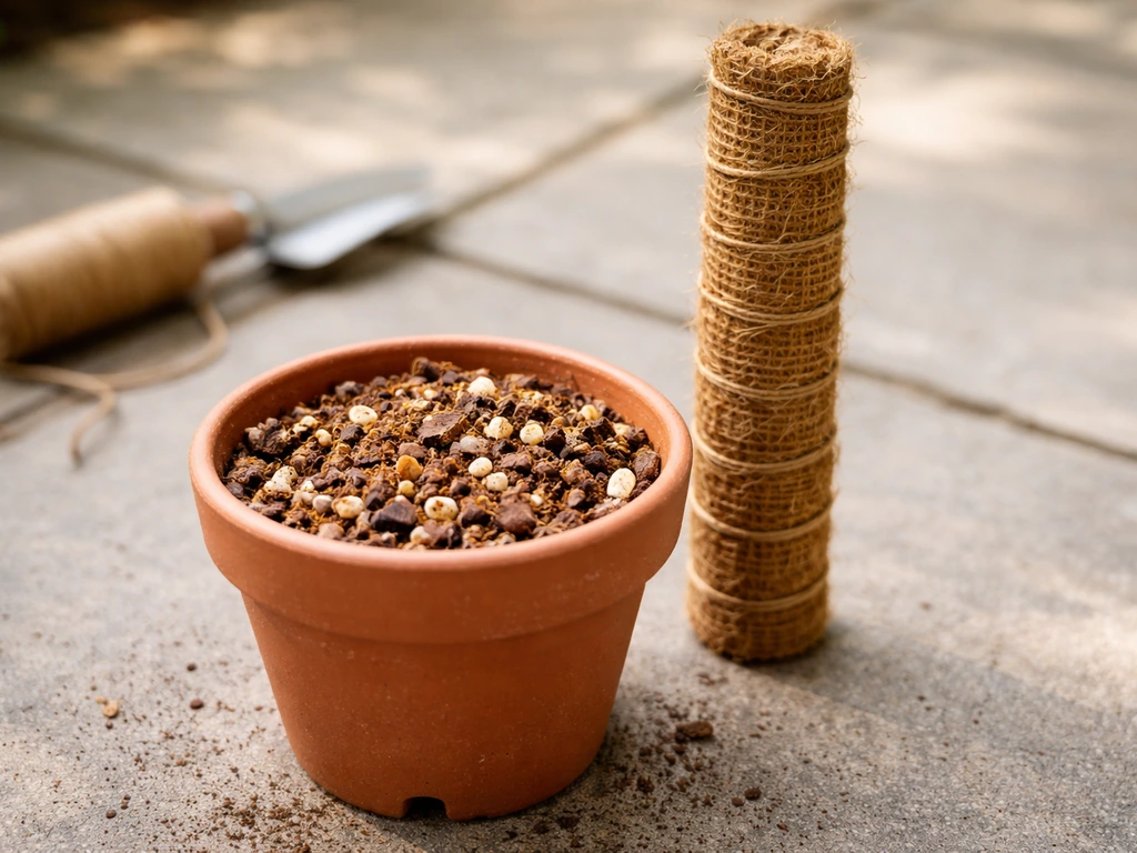 Small draining terracotta pot with airy orchid-bark mix beside an upright coir trellis on a patio.