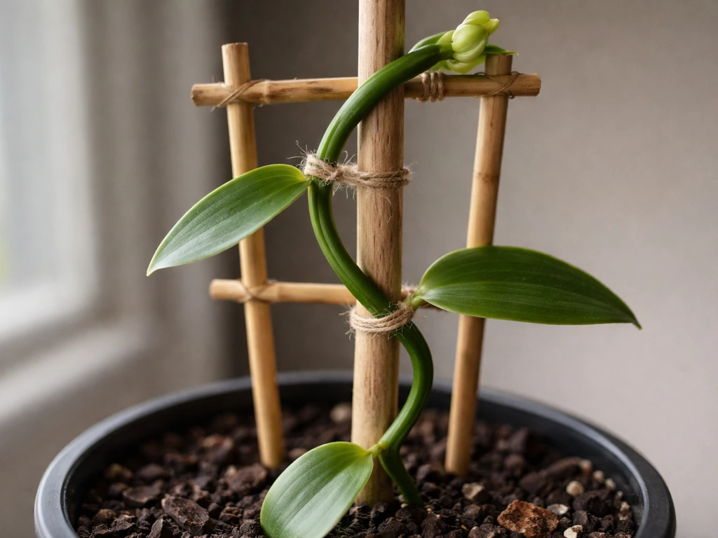 Potted vanilla vine looped and tied to a wooden stake/bamboo trellis, climbing upward in natural light.