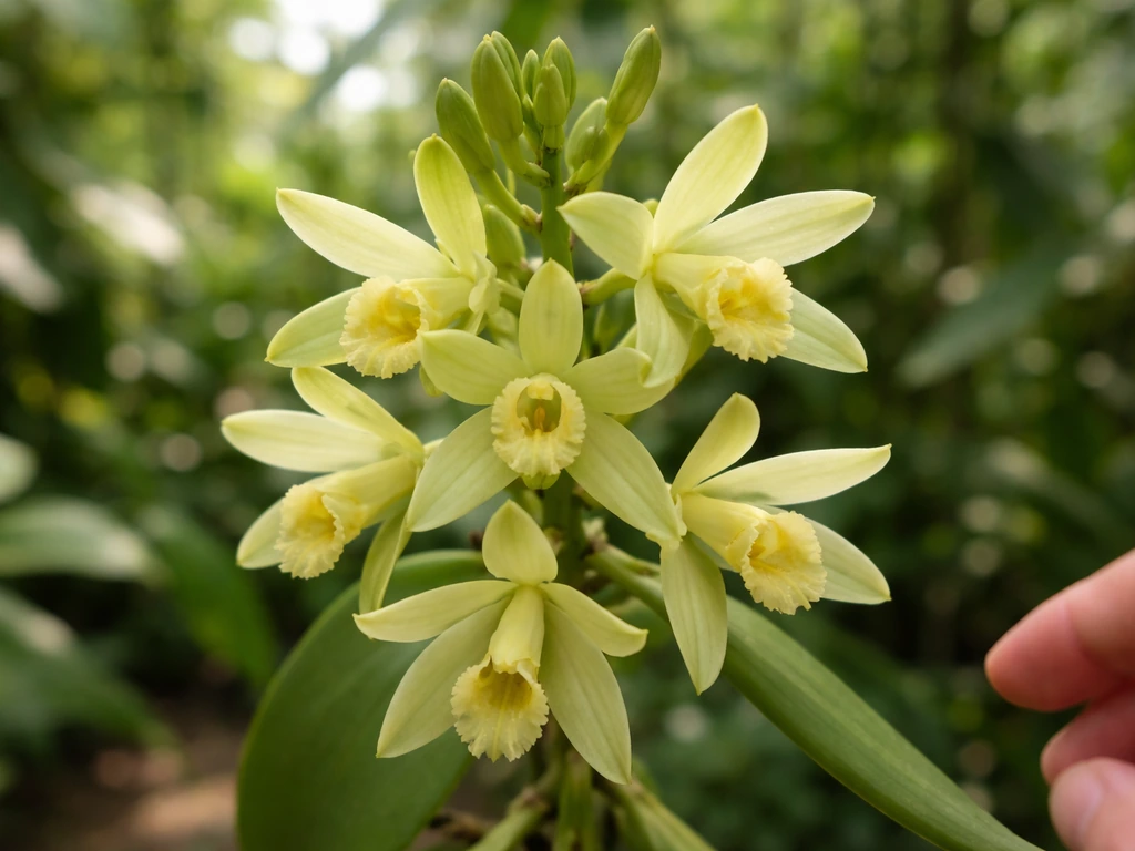 Close-up of pale yellow-green vanilla orchid flowers on a raceme in soft natural light.