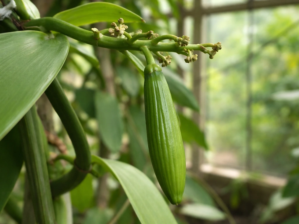 Close-up of a vanilla orchid vine with a green pod forming after pollination.