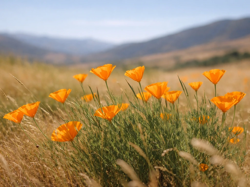 California poppy field with warm sunlight and layered hills in the background