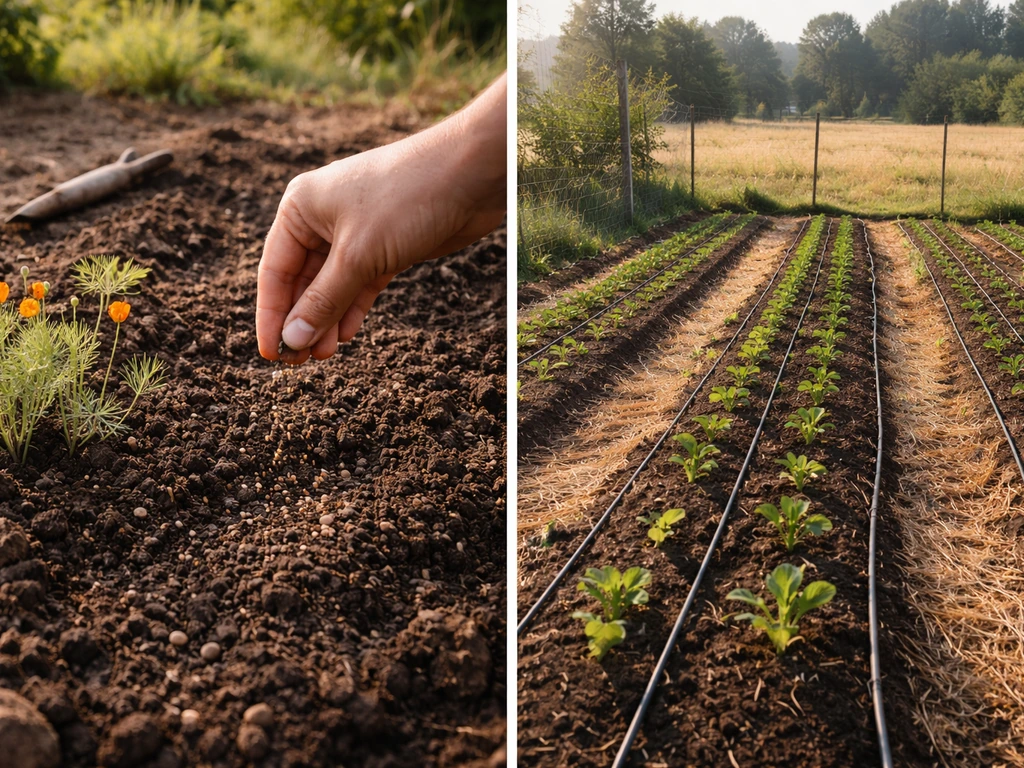 Backyard gardener sowing California poppy seeds beside orderly rows of commercial-style young plants.