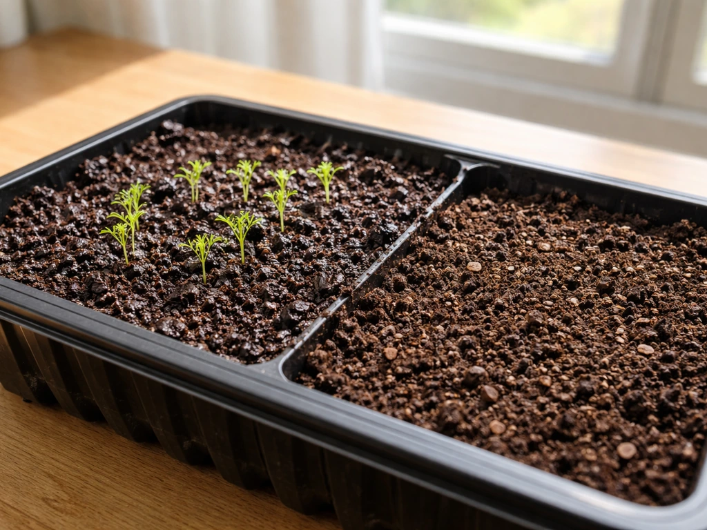 Small seed tray with dark moist soil, a few tiny emerging seedlings under bright window light