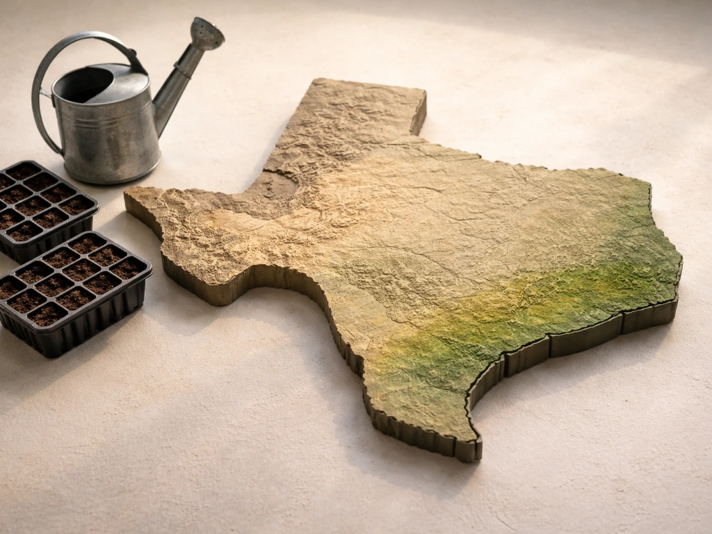 Texas countryside with a highlighted warmer south region suggesting a longer edamame planting window