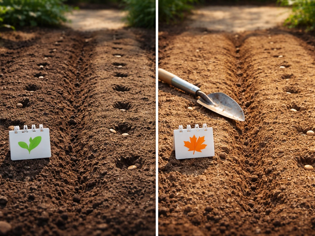 Split view of two edamame seed rows in tilled soil, with spring and fall seasonal ground markers.