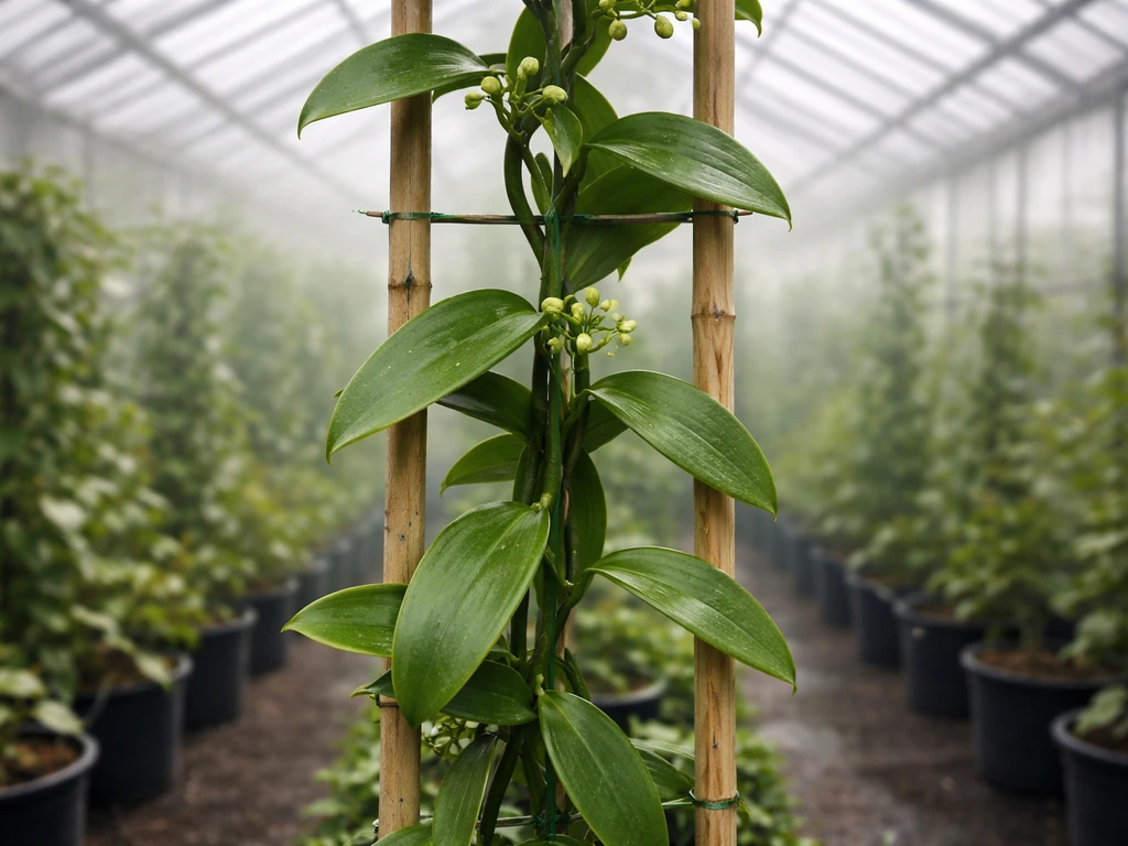 Tropical vanilla orchid vine growing in a humid greenhouse, hinting at indoor conditions needed in Illinois.