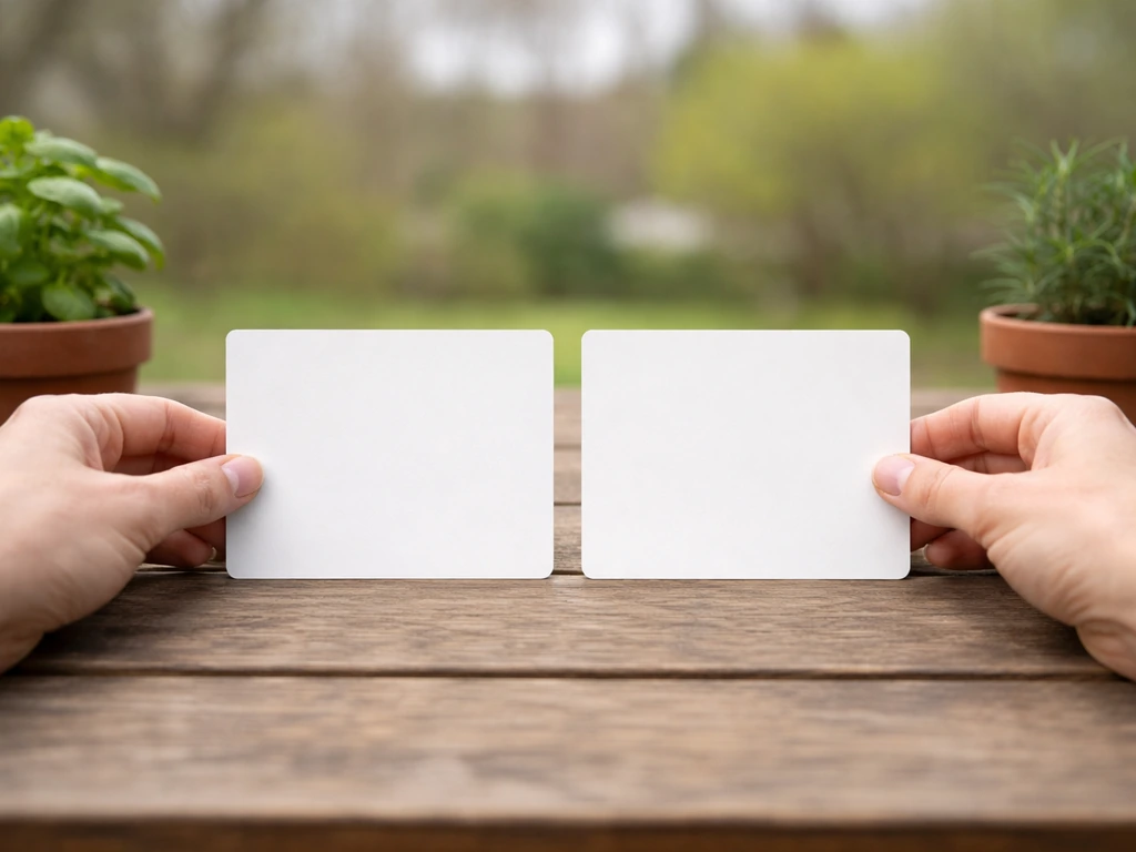 Minimal photo of a hand placing two blank garden zone cards on a wooden table beside green plants