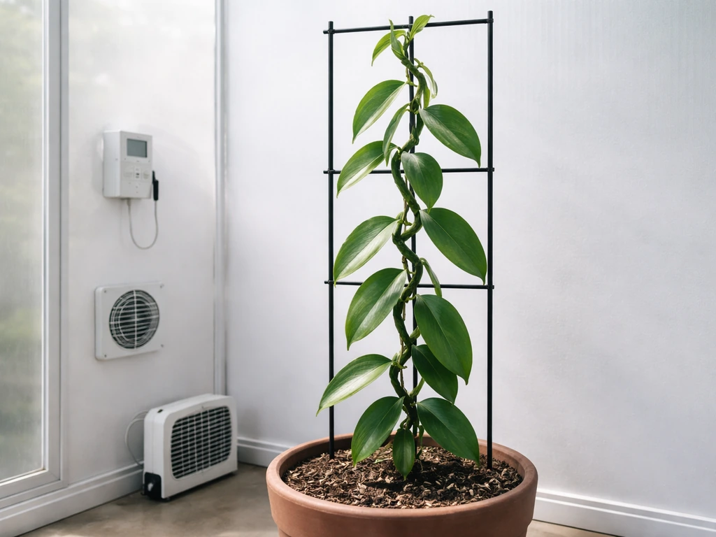 A minimal indoor greenhouse setup with a trellised vanilla vine, humidity controls, and a small heater in view.