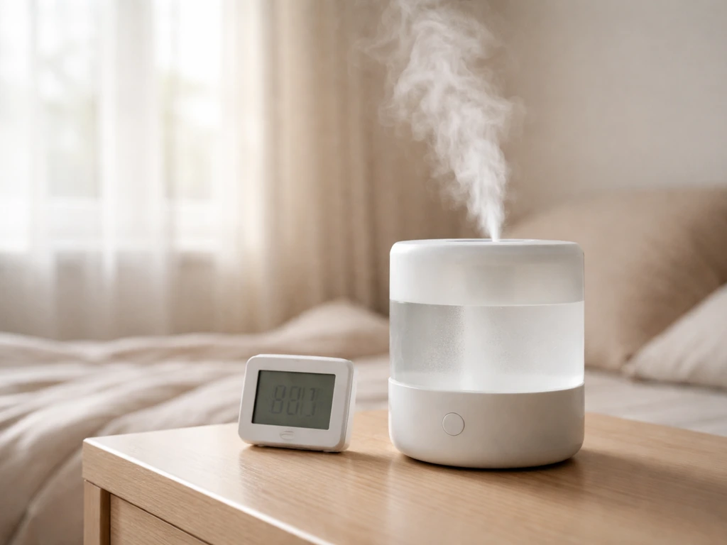 Cool-mist humidifier beside an unbranded hygrometer with soft daylight filtered through sheer curtains.