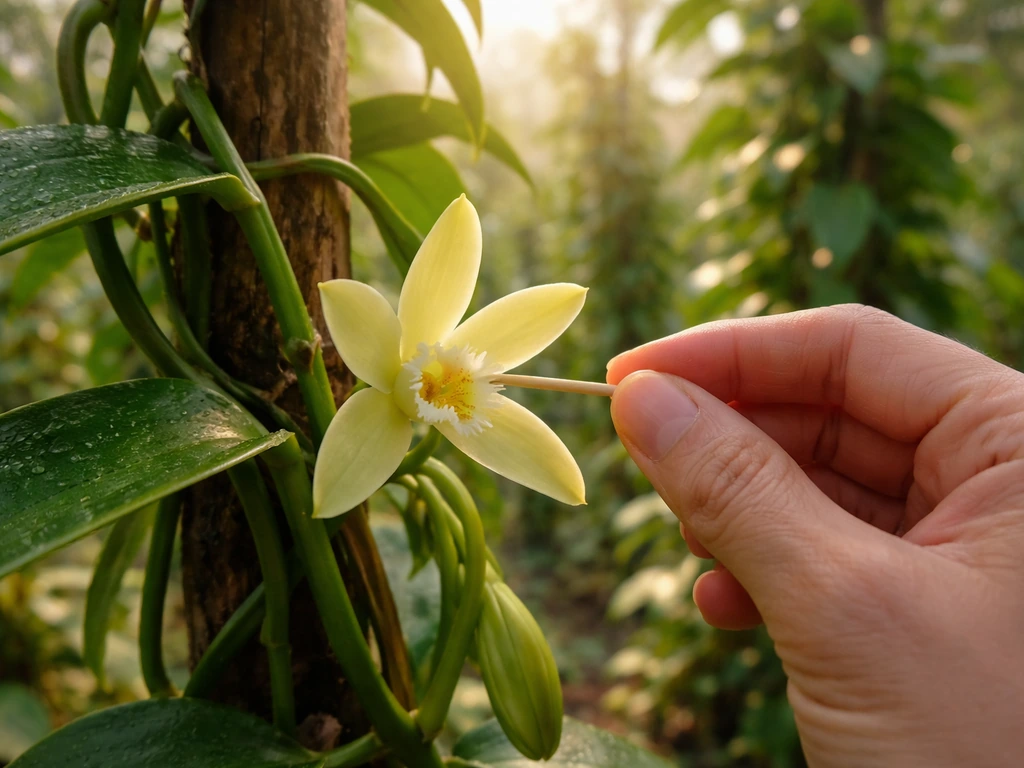 Toothpick gently pollinating a vanilla orchid flower in soft morning light, with blurred green leaves behind.