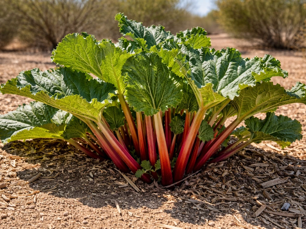 Cold-hardy rhubarb stalks and leaves in an arid Arizona garden bed with desert plants in soft focus