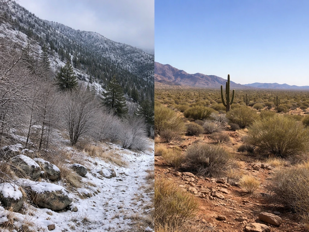 Split Arizona landscape showing snowy highlands vs dry low desert to suggest winter-cold feasibility for rhubarb.