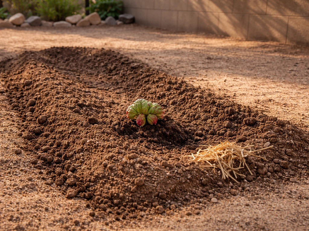 Rhubarb crown in a prepared garden ridge, morning-sun light and shaded conditions in an Arizona yard.