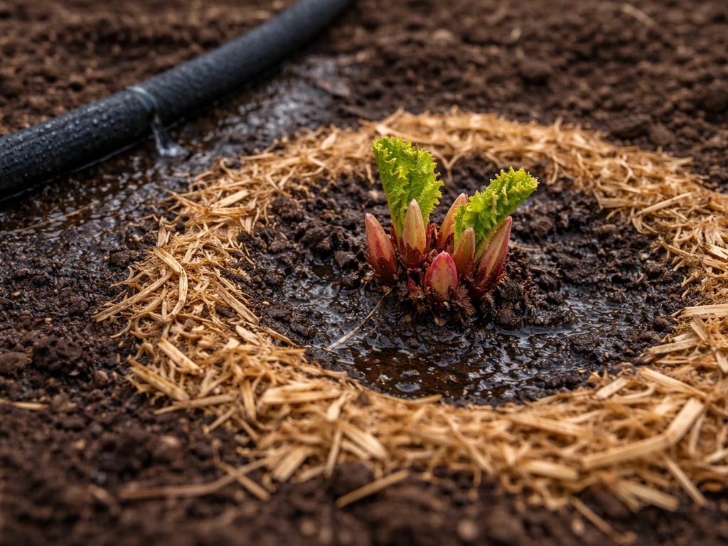 Rhubarb crowns newly planted with slow drip watering and a fresh mulch ring around the bed.