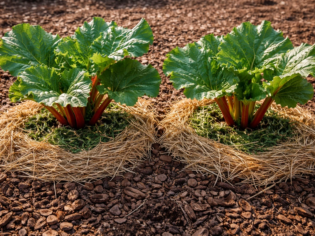 Rhubarb plants with straw and grass-clipping mulch layered around them, showing mulch depth on soil.