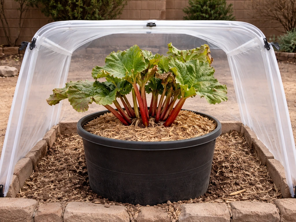 Rhubarb in a large outdoor container with a simple clear overwintering cover in cold weather.