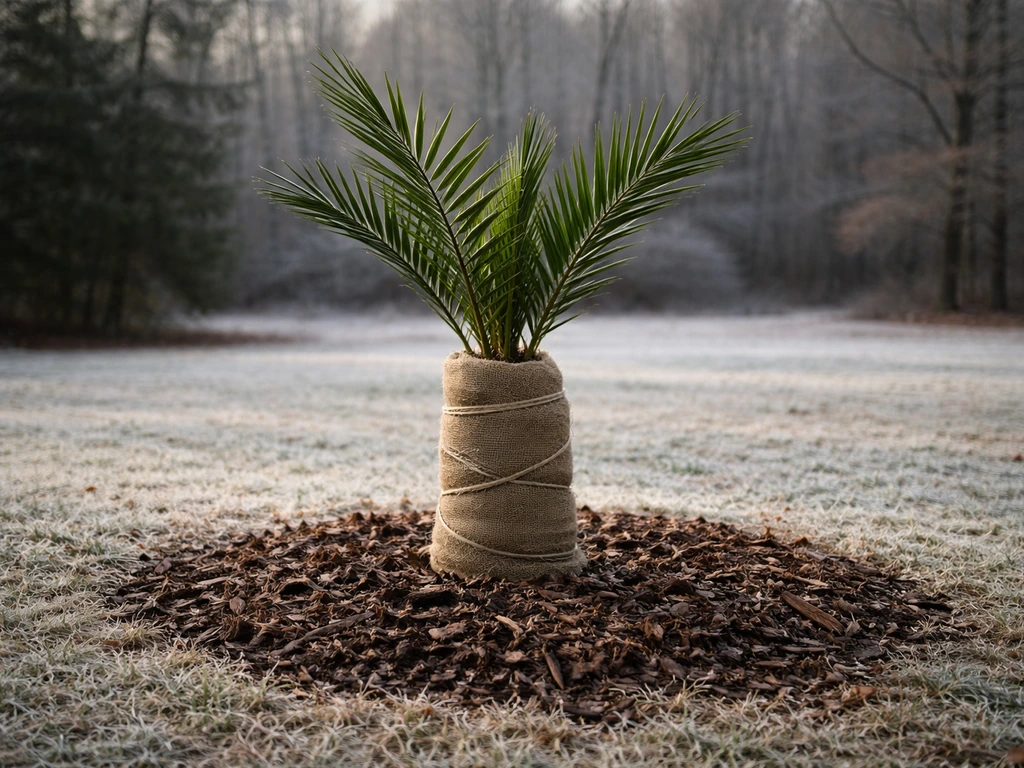 Date palm sapling protected with mulch and burlap against a winter landscape in Georgia.