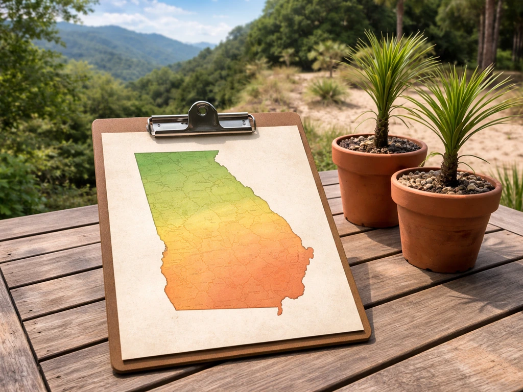 Blank parchment-style Georgia hardiness zone map beside potted date palm seedlings on a patio table.
