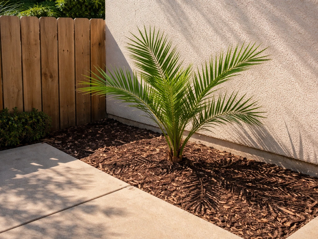 South-facing yard with warm pavement and a simple windbreak near a date palm.