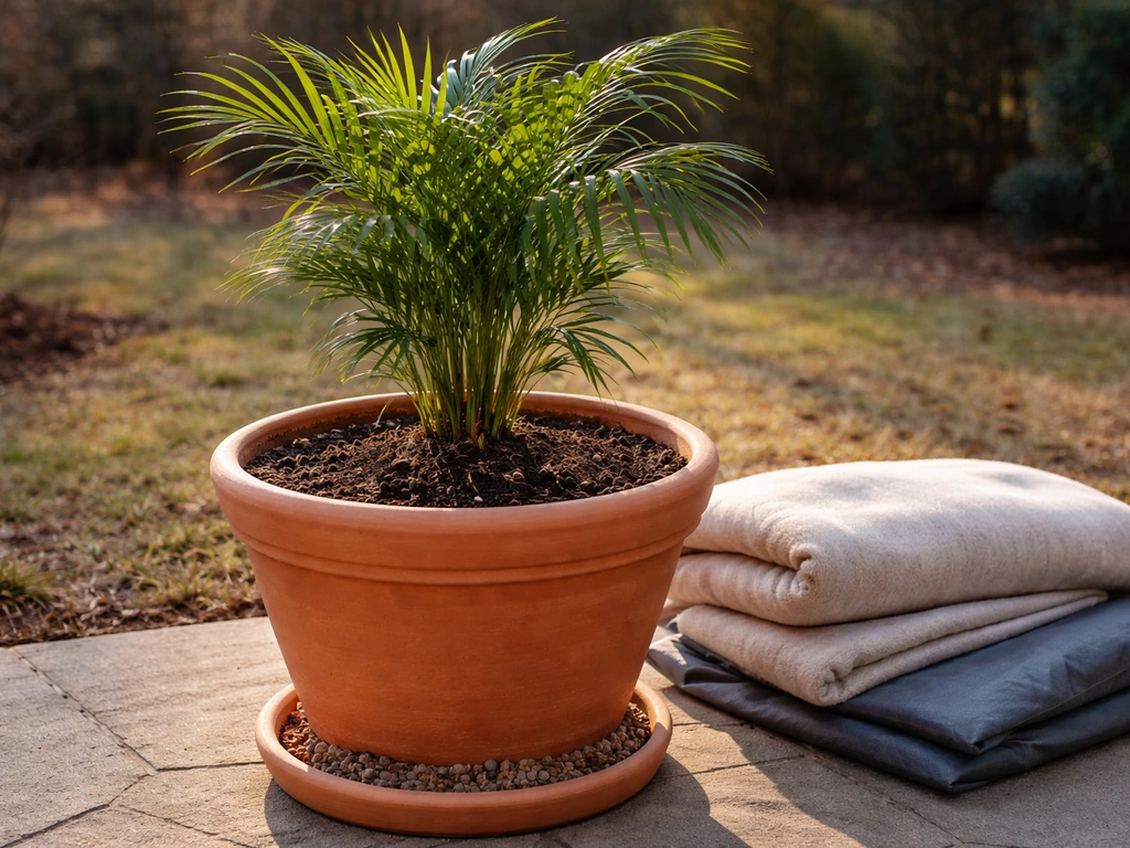 Large terracotta container with drainage media and a palm next to a frost blanket for winter protection.
