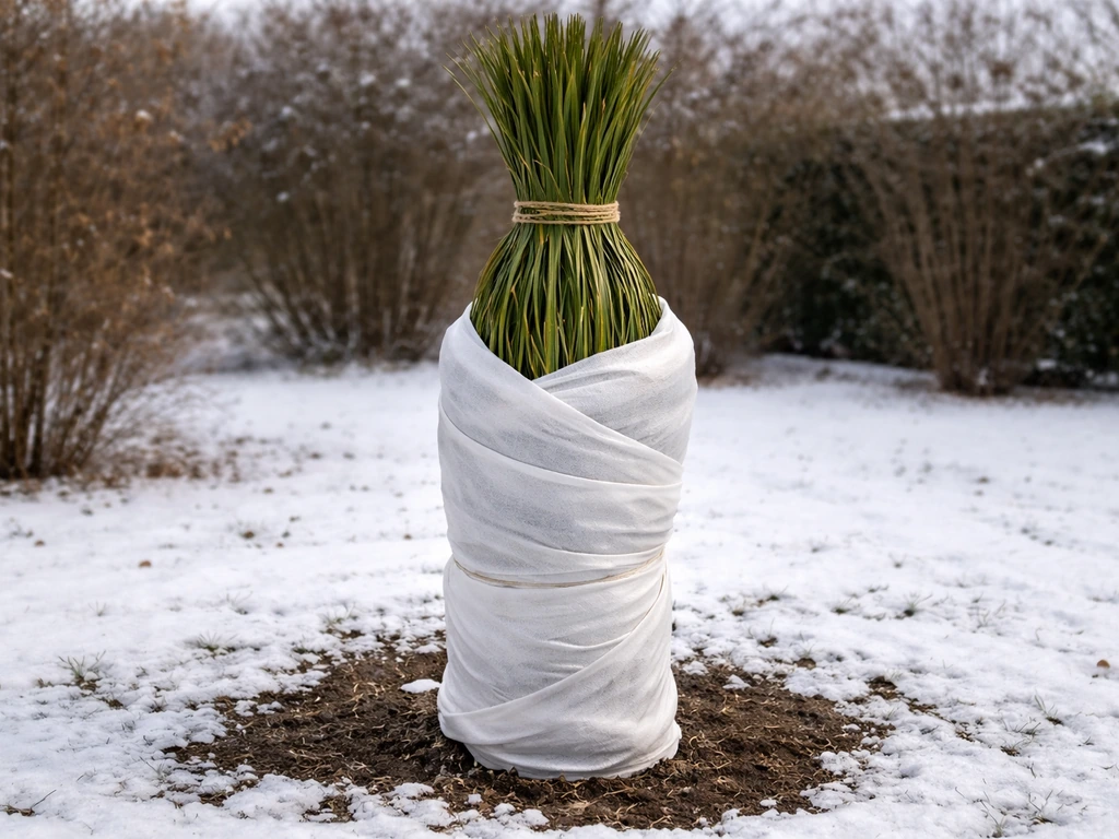 In-ground date palm wrapped with frost cloth, fronds gathered and tied for winter protection.