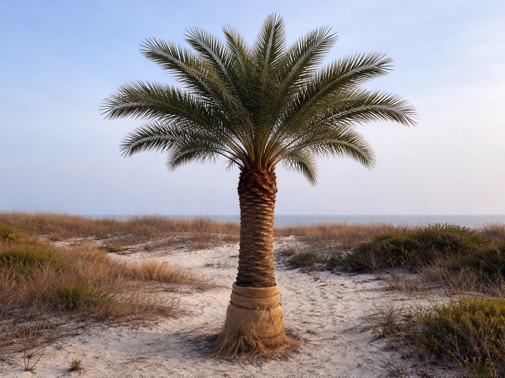 A date palm in a coastal South Carolina-like landscape with a wrapped trunk for winter cold protection.