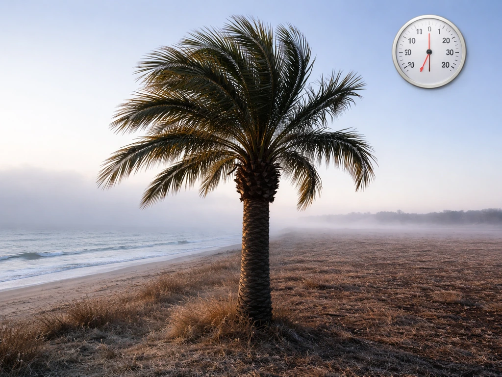 Date palm outdoors with a small thermometer implying SC winter lows near a coastal vs inland split
