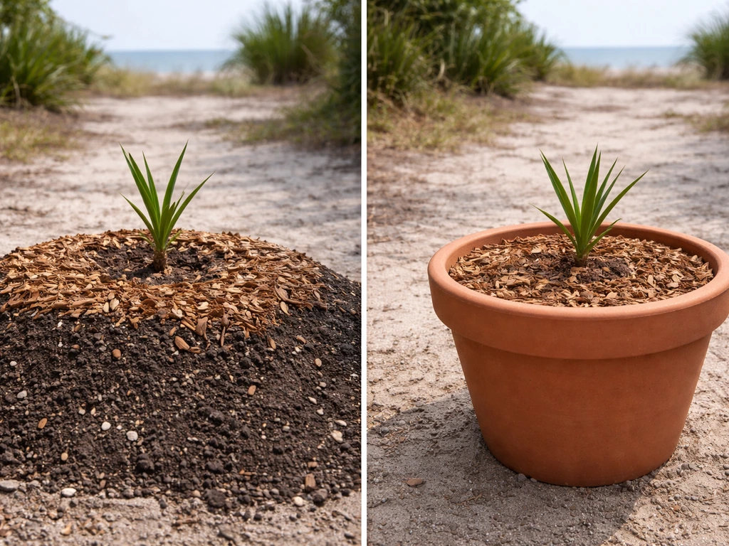 Side-by-side in-ground mound bed and a large container, each with a small date palm seedling.