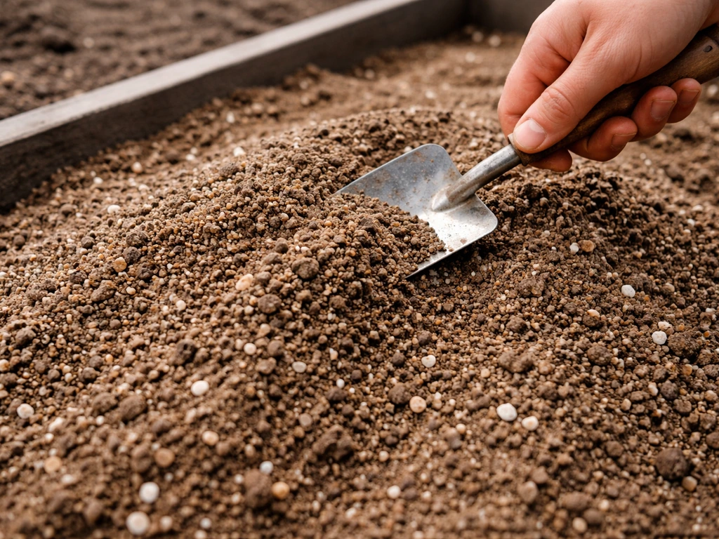 Hand sprinkling gritty sand and soil mix into a raised planting bed for date palm drainage