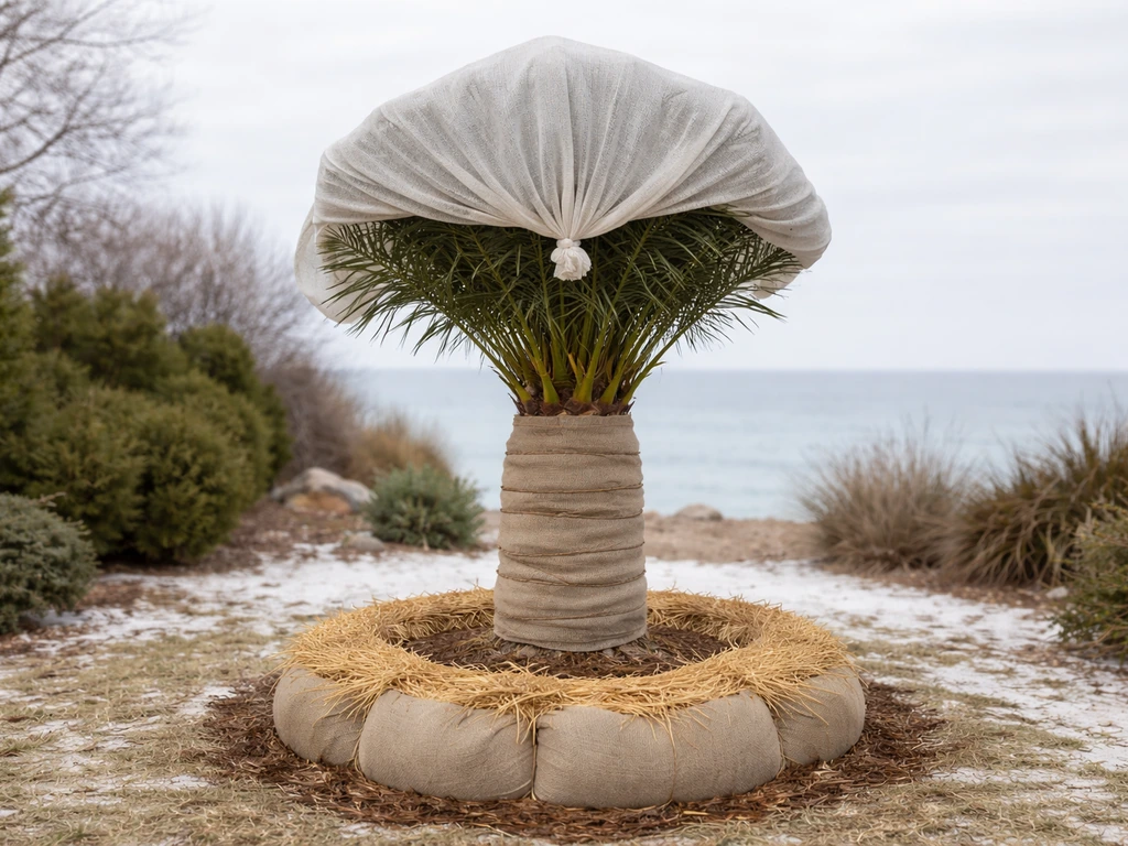 Winter-protected date palm with fronds covered and insulating mulch around the base.
