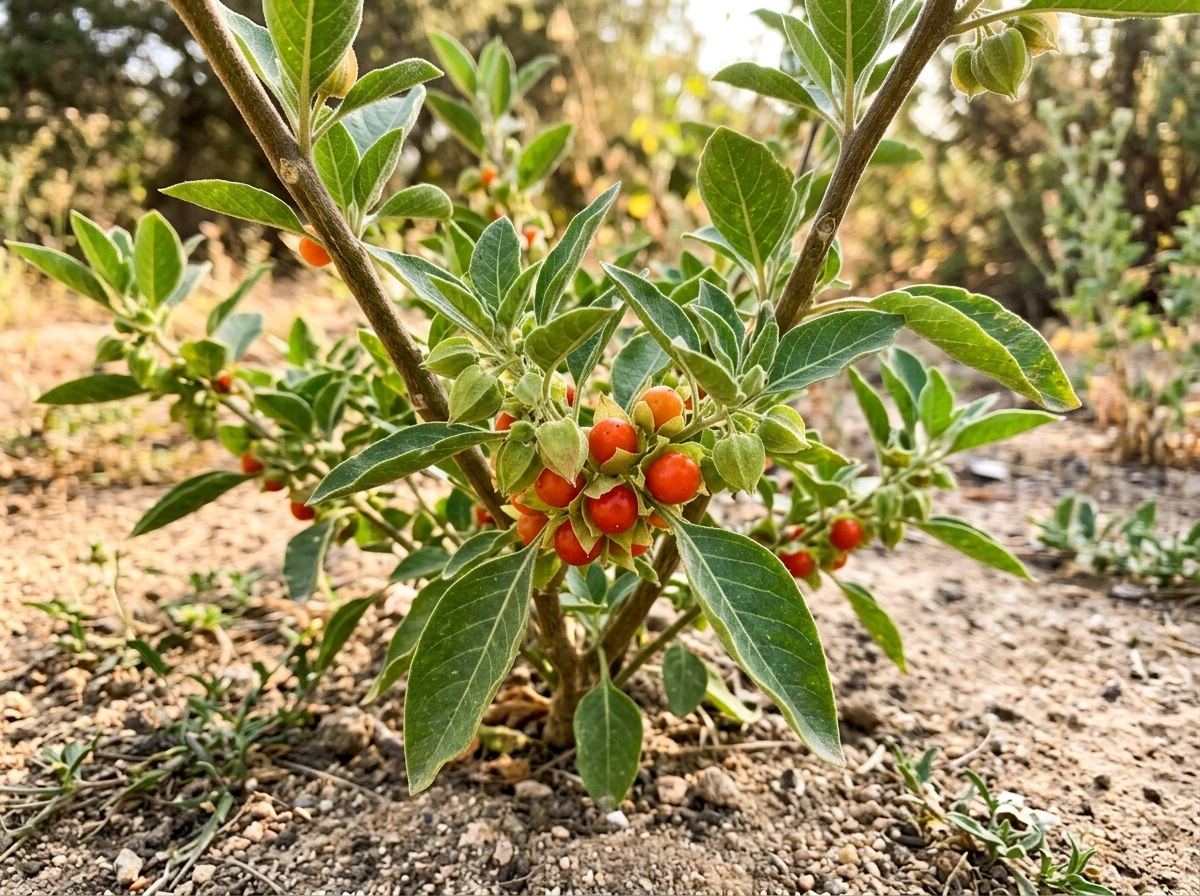 Ashwagandha plant thriving in a warm, dry climate with red-orange berries
