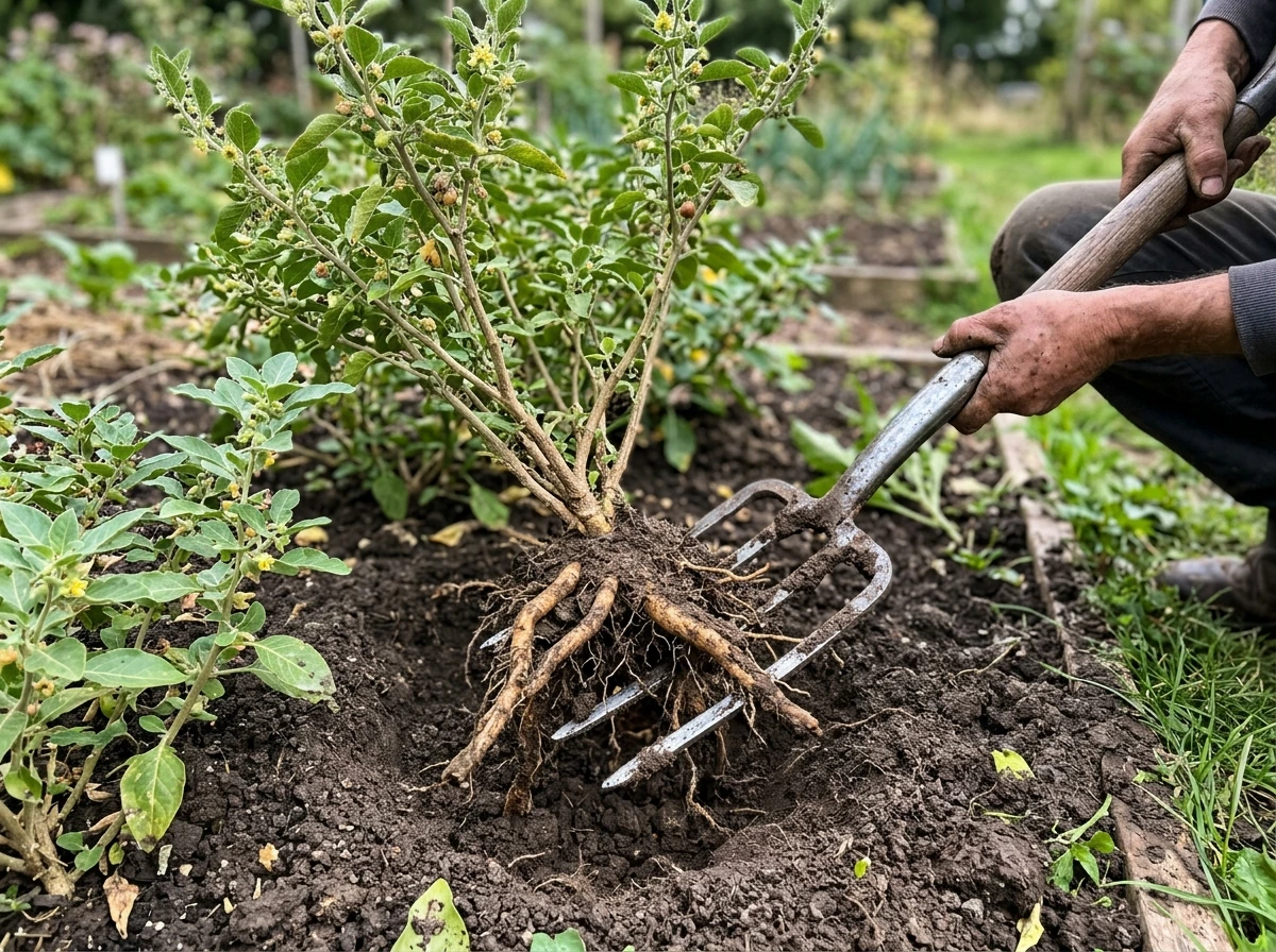 Harvesting ashwagandha roots with a fork and exposed roots
