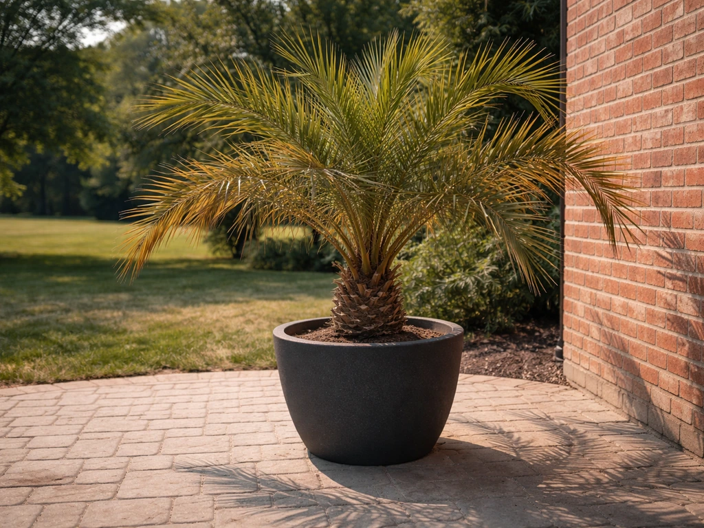 Container date palm on an Ohio patio near a south-facing brick wall in strong sunlight.