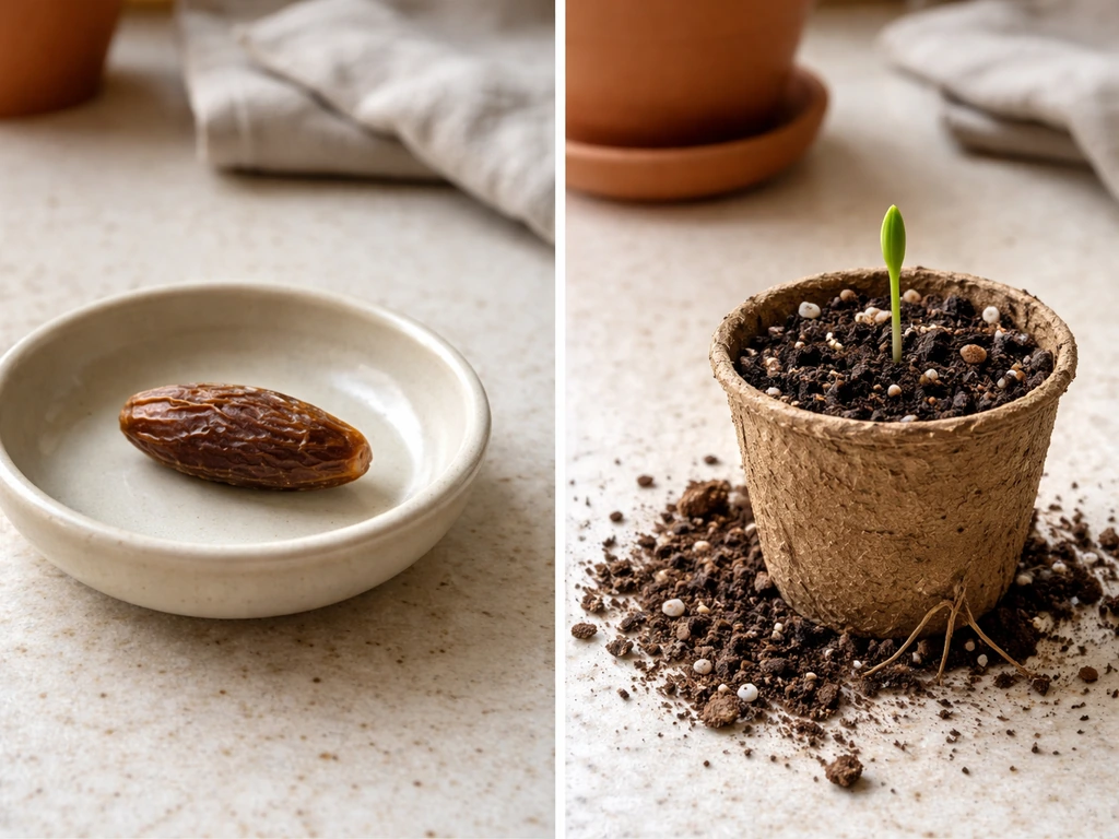 Close-up comparison of a dry date pit and a small potted sprouted date seedling.