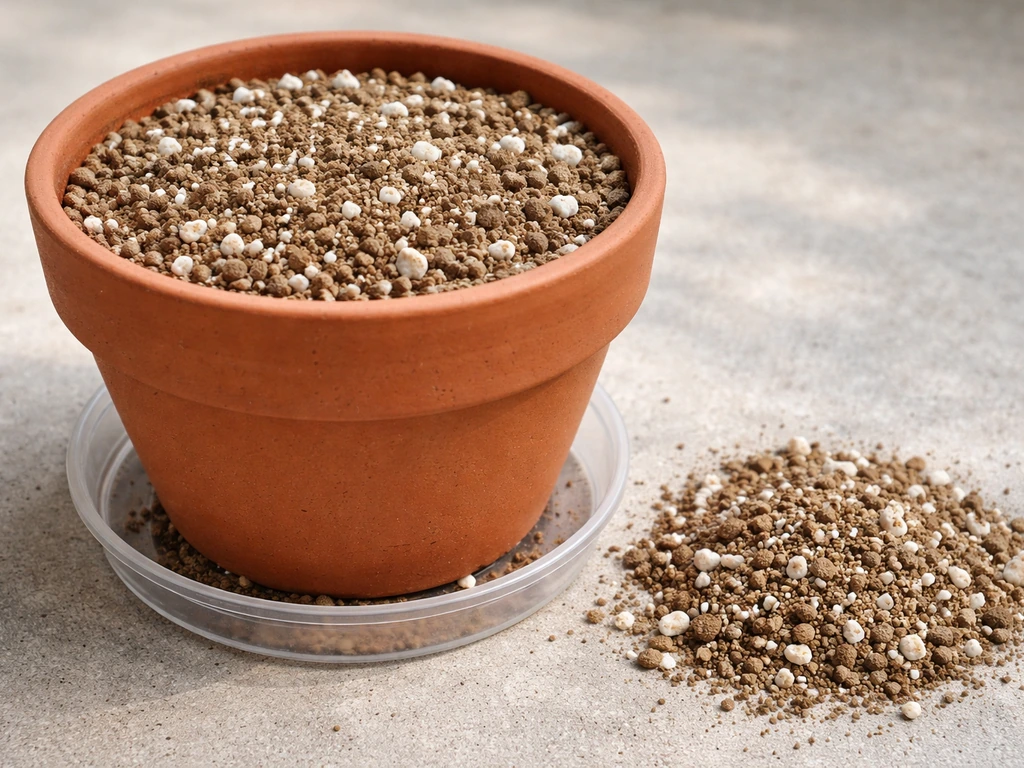 Terracotta pot on a drainage tray filled with perlite-and-sand fast-draining mix, close-up soil texture.
