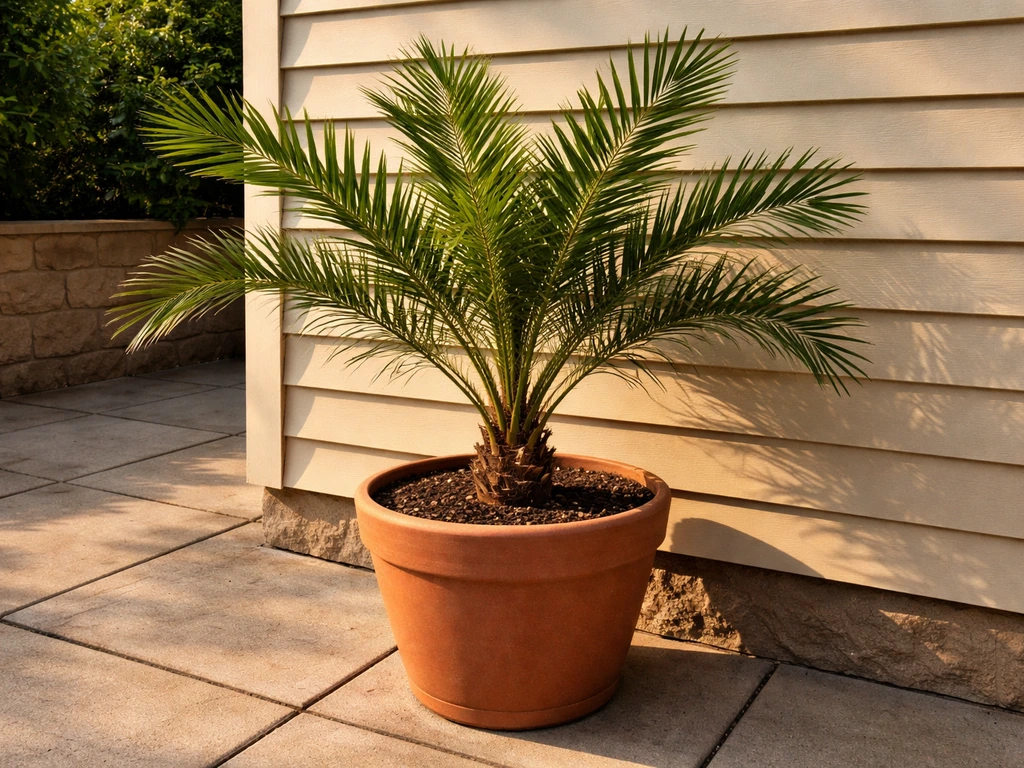 A potted date palm on a sunlit patio against a south-facing wall, showing moving outdoors setup.