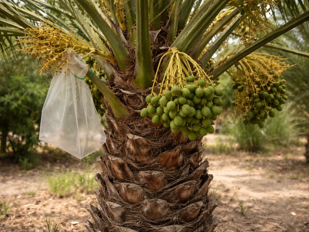 Date palm in a simple yard scene with a few green immature dates and flower clusters, no people.