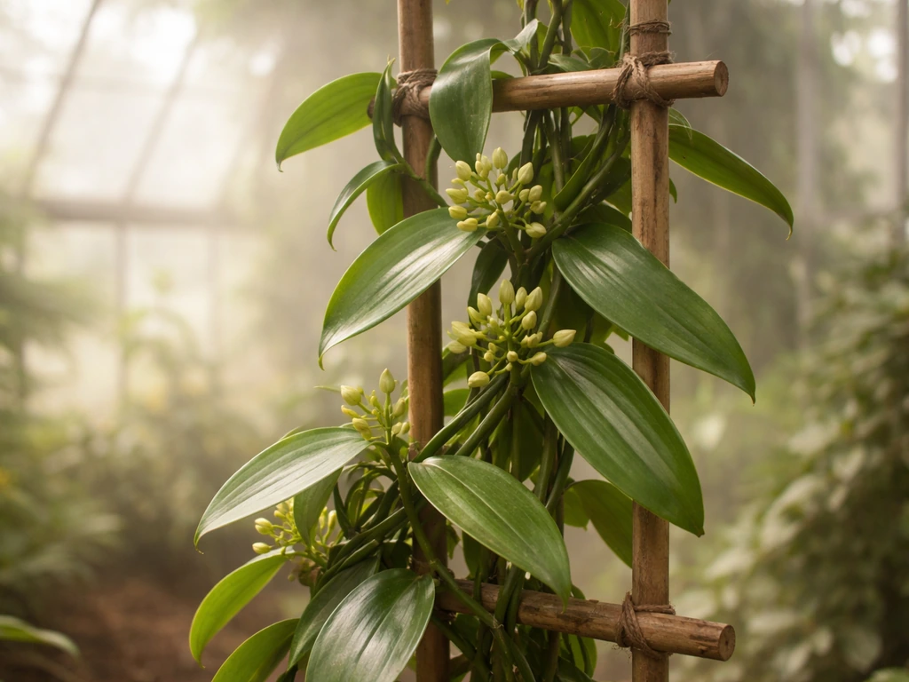 Lush vanilla orchid vine climbing a trellis in a warm, humid greenhouse with soft light and misty air.