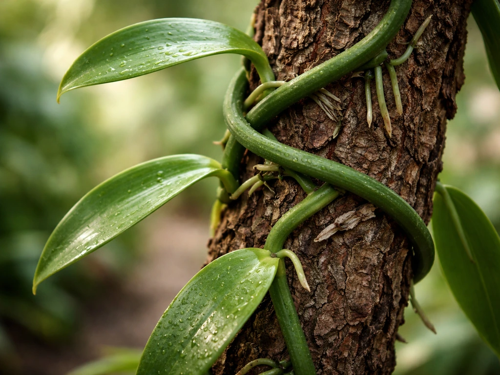 Close-up of a vanilla orchid vine clinging to rough bark, showing epiphytic growth.