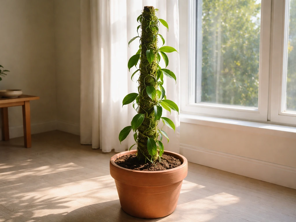 Potted vanilla vine climbing a moss pole near a bright window indoors.