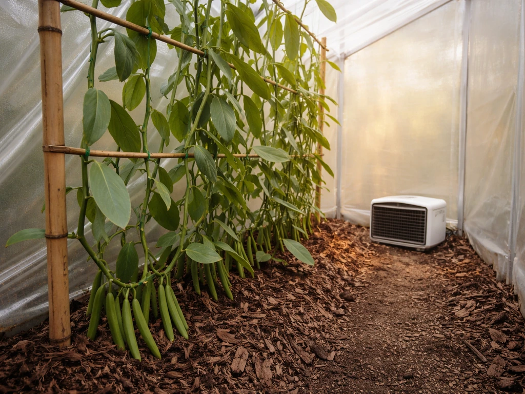 Heated hobby greenhouse interior with vanilla vines on a trellis and a small heater/fan running