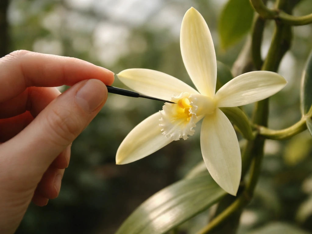 Close-up of a hand gently transferring pollen to an open vanilla orchid flower with soft morning light.
