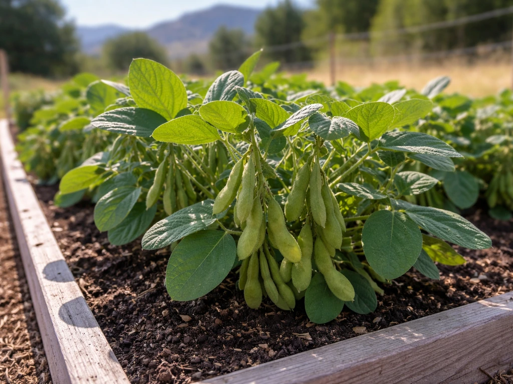Sunlit edamame plants with green pods growing in a Colorado-style garden bed