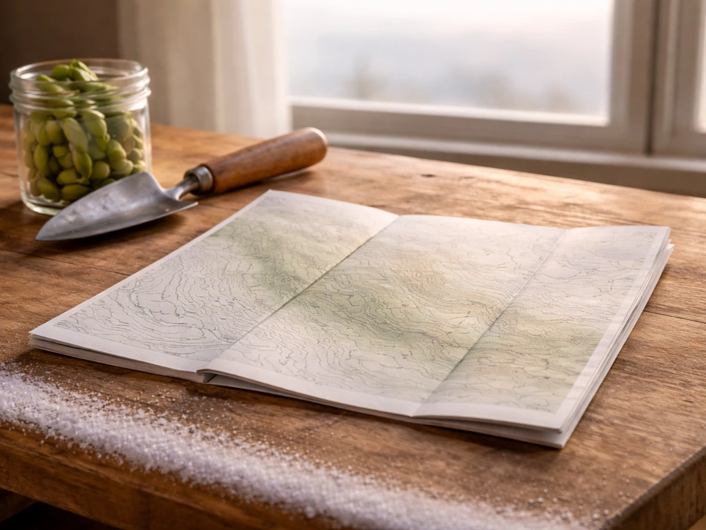 Blank topographic map with subtle elevation shading beside edamame pods, suggesting frost timing.