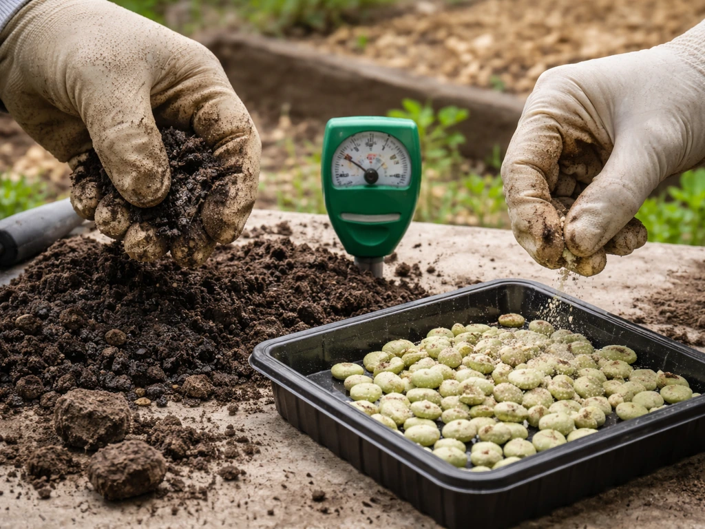 Gloved hands mixing soil amendment and sprinkling inoculant for edamame, with a small pH test nearby.