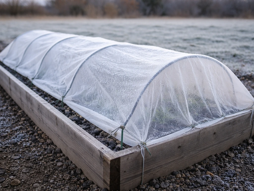 Edamame bed covered with white row cover secured by stakes during a cold night frost protection setup.