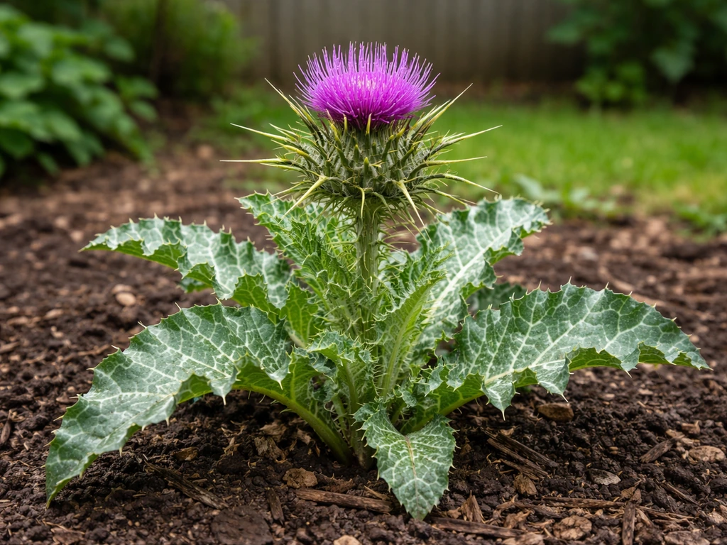 Milk thistle plant with spiny leaves and a purple flower head growing in a garden bed.